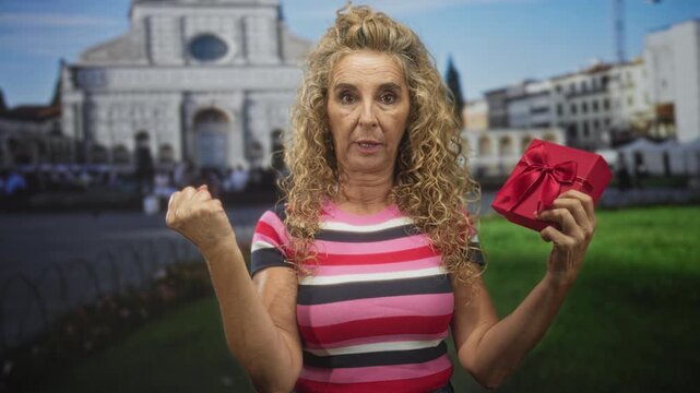 Woman holding red gift box with raised clenched fist and inspecting hand in front of building, striped shirt visible and lawn plaza behind; frustration doubt.