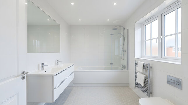 Modern white bathroom interior design | Contemporary master bathroom with double vanity | Luxury bathroom with bathtub and shower combo | Minimalist bathroom renovation ideas