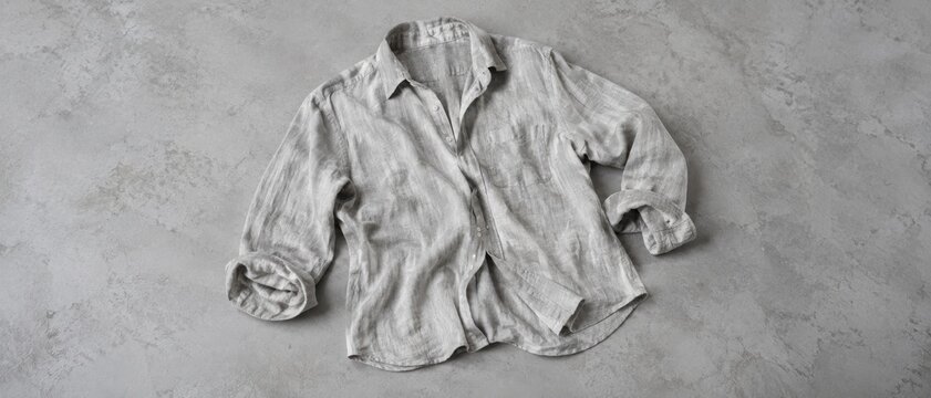 Wrinkled pale linen shirt casually arranged on a textured gray background