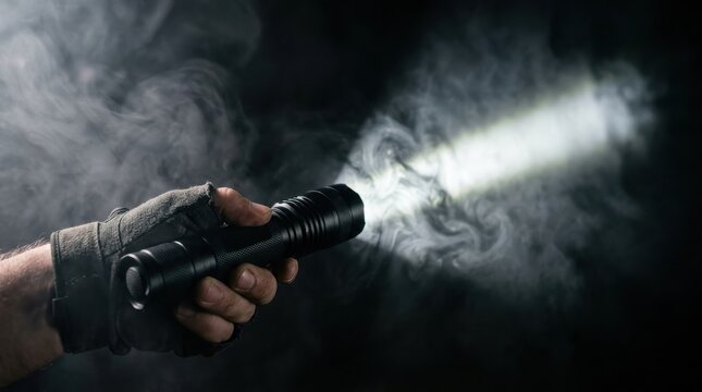 Hand holding a tactical flashlight illuminating smoke in the dark