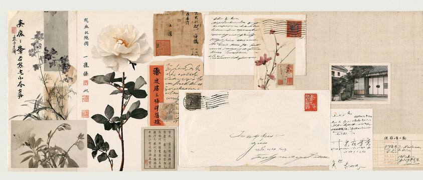 A paper collage containing letters and notes in the style of free brushwork and gongbi in a soft muted palette representing cottagecore and juxtaposed elements on sparse backgrounds with copy space