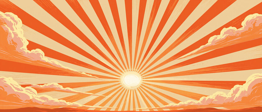 Mid century retro sunburst and clouds in vintage illustration style, cloud dancer beige and vivid orange colors, desert dawn artwork used for artistic poster with copy space