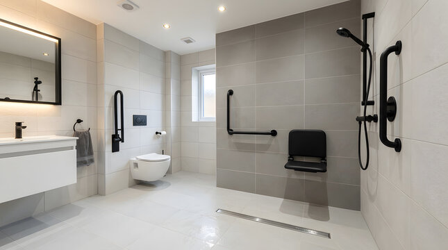 Modern accessible bathroom with grab bars | Walk-in wet room for elderly and disabled | Minimalist disability friendly bathroom interior | Black fixtures and grey tiles design