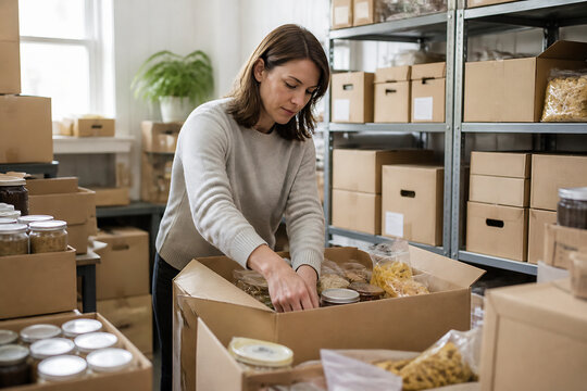 A woman is sorting or packing items, likely food ingredients, inside a cardboard box in a storage area with shelves full of boxes.