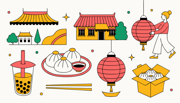 Asian travel doodle set showing red lanterns and dim sum meals for culinary exploration.