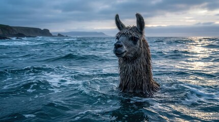 Obraz premium A llama emerges from the ocean waves with a curious expression