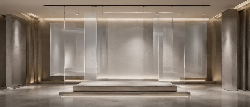 Modern luxury retail space with suspended frosted acrylic panels and concrete