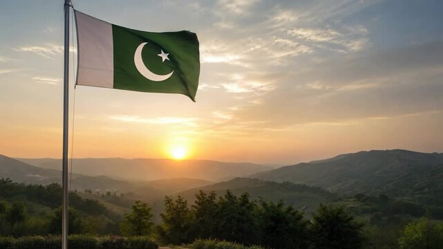 Pakistan Flag Waving at Golden Sunset Over Mountain Memorial
