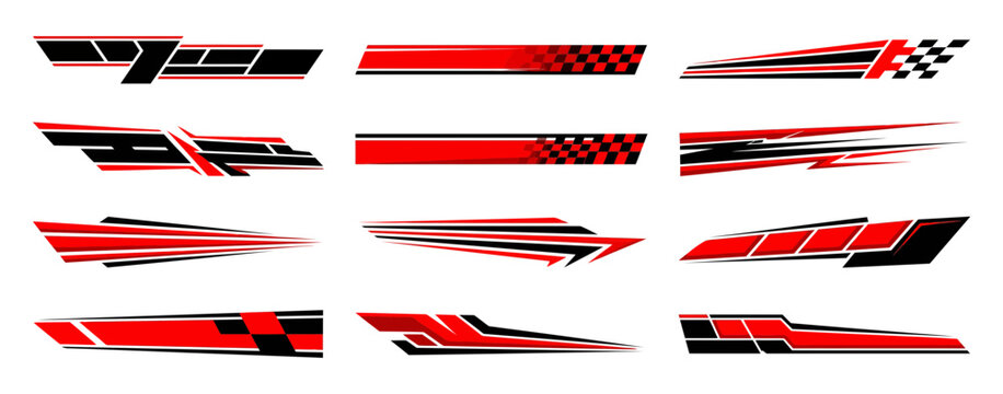 Red and black racing stripes and vehicle side decals vector design elements collection.