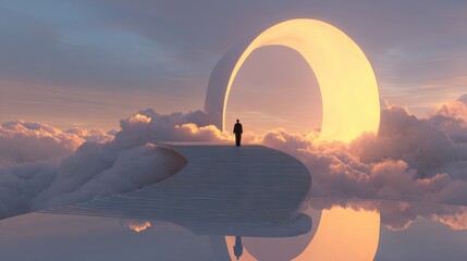 Obraz premium Embarking on a Serene Journey Through Ethereal Clouds and the Soft Glow of Crescent Light