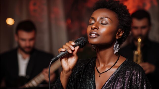 Expressive Black woman singing jazz into microphone on stage in sequined blazer under warm red lighting, conveying passion, focus, and elegant live performance energy