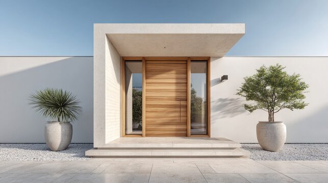 Contemporary entrance showcasing clean lines and natural wood