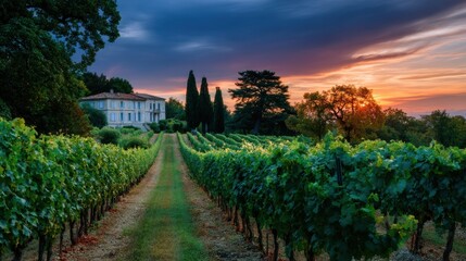 Obraz premium A Stunning Beautiful Vineyard at Sunset, Featuring Lush Grapevines and a Scenic Landscape All Around