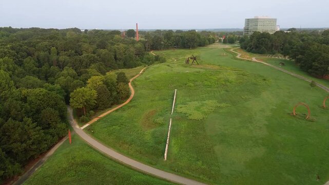 Aerial flyover view of the walking trails at the North Carolina Museum of Art park in Raleigh