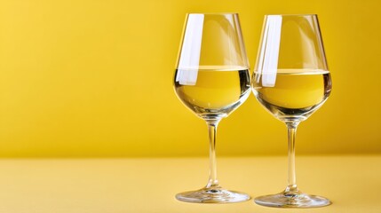 Obraz premium Two elegant wine glasses filled with refreshing white wine are beautifully presented on a bright yellow surface