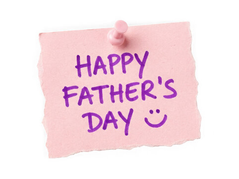 Pink sticky note with happy father day text written in purple marker pen