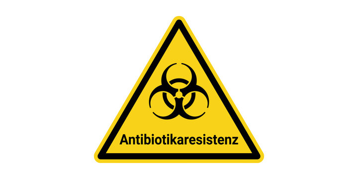 Yellow warning triangle with biohazard symbol and text Antibiotikaresistenz.