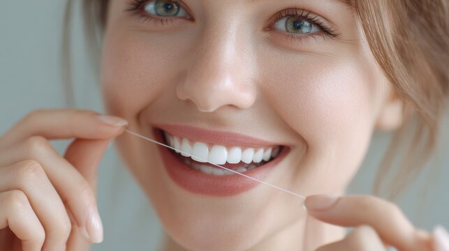 Smiling young woman flossing teeth with dental care focus, clean white smile, healthy gums, glossy lips, natural skin detail, soft bright light, and fresh personal hygiene mood
