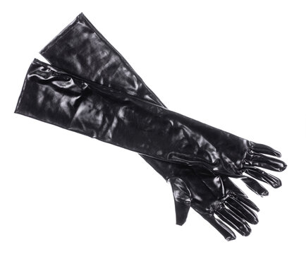 Latex black fetish gloves and accessories isolated on white background