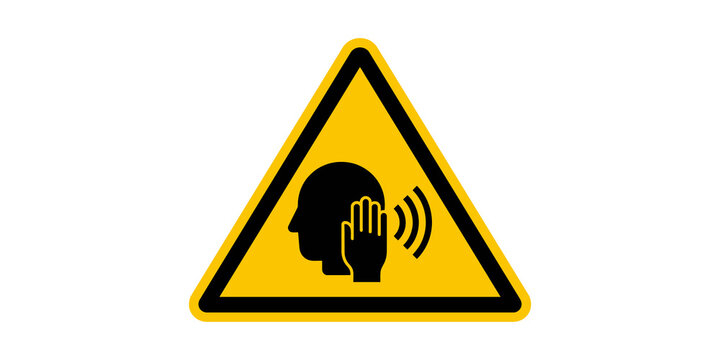 Warning sign for loud noise with ear protection symbol indicating hazardous sound level.