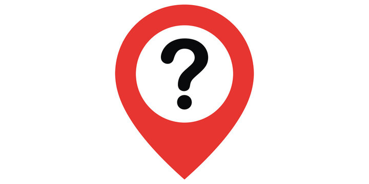 Red map pin icon with black question mark inside indicating unknown or help location.