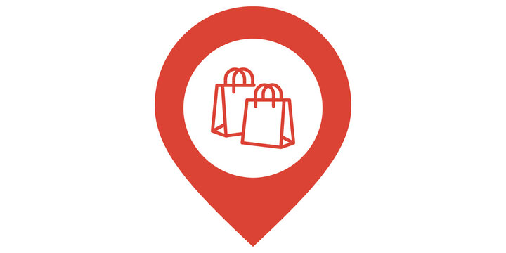 Red map pin icon with shopping bags inside indicating retail store location.