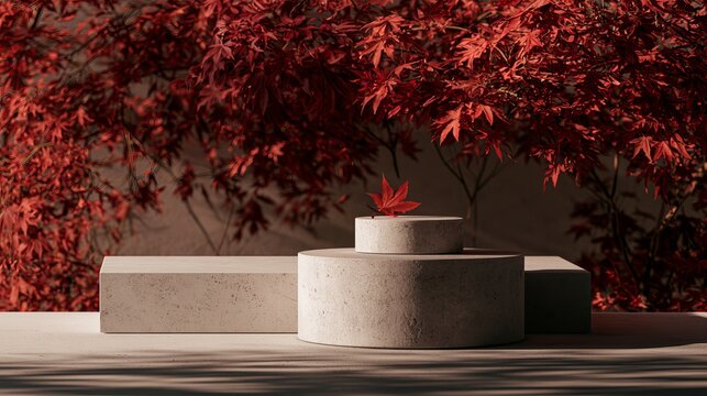 Cosmetics display stand, a concrete platform, with a gray stone pedestal and a falling leaf, sits on a natural shadow. Burgundy red autumn leaves form the backdrop.