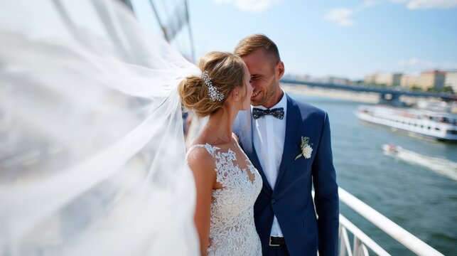 A Beautiful Wedding Couple Embracing Each Other on the Scenic Waterfront at Sunset with a Flowing Veil