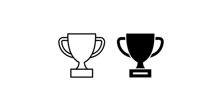 Trophy cup icon set with black outline and solid silhouette styles for reward and achievement recognition.