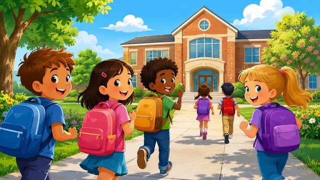 Children head to school in a fun cartoon image, full of energy for learning.