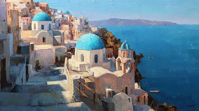 Whitewashed chapel with blue dome on rocky coastal cliff above glittering Aegean Sea, facing distant island horizon under clear sunlit sky with serene Mediterranean scenery