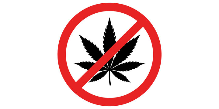 Forbidden cannabis leaf symbol features red prohibition circle over black marijuana graphic for public health and drug policy.