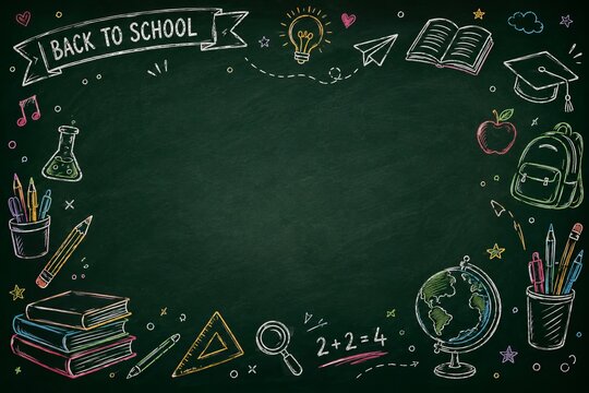 School items are drawn on a blackboard, like a poster for back to school. This design has space for your own message.