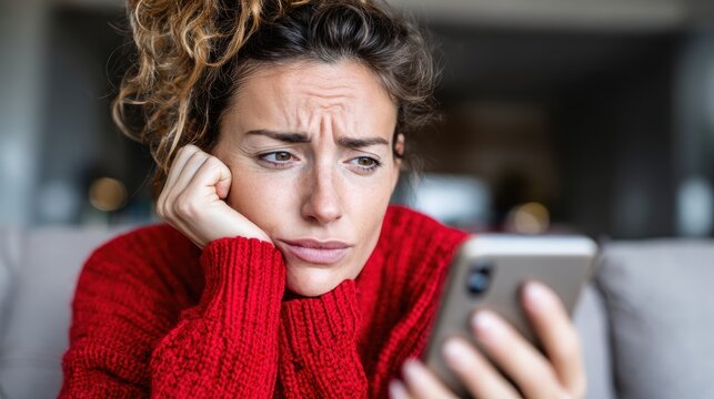 A woman in a cozy sweater looks at her phone with a concerned expression, pondering something important