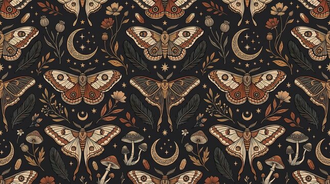 Vintage Moths Moons and Botanical Gothic Seamless Pattern