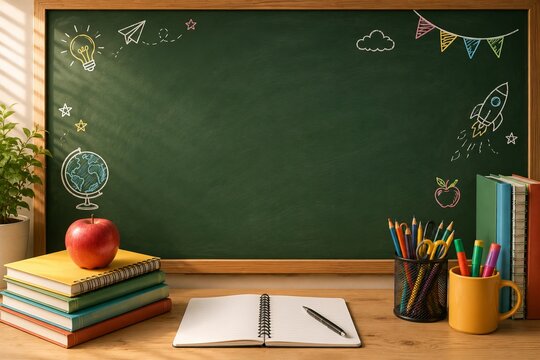 School supplies are shown in a classroom setting, leaving room for your notes.