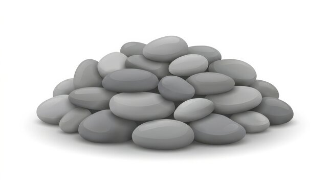 Pile of smooth gray river stones on a white background