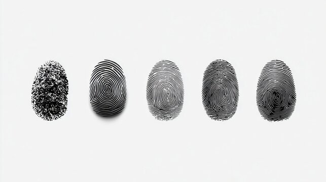 Five distinct fingerprints displayed in a row on a clean white background