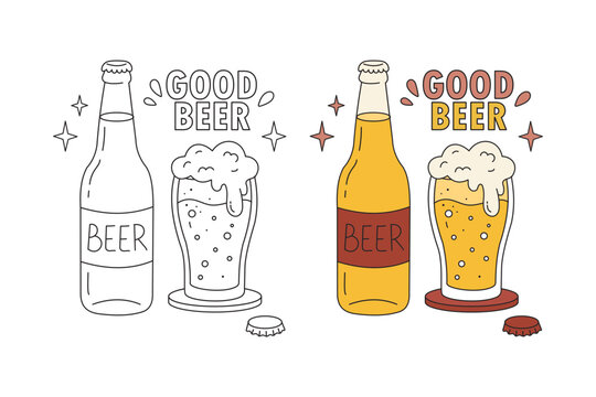 Hand drawn vector illustration of beer glass and bottle set in colored and black line art style