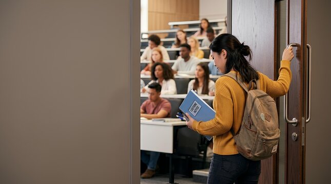 Asian female student with backpack and lecture notes entering modern university classroom. Diverse students seated in tiered lecture hall background during college class session.