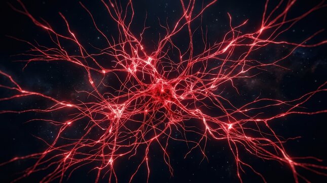Abstract red neuron network glowing with electrical impulses in dark space