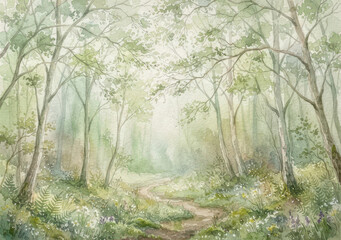 Fototapeta premium Enchanting forest path winding through sun-dappled trees and wildflowers