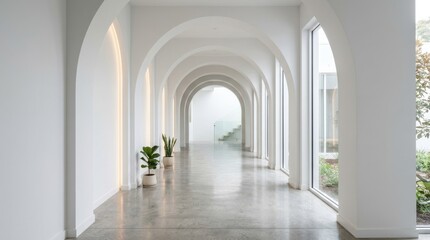 Fototapeta premium Modern white arched corridor with potted plants and natural light