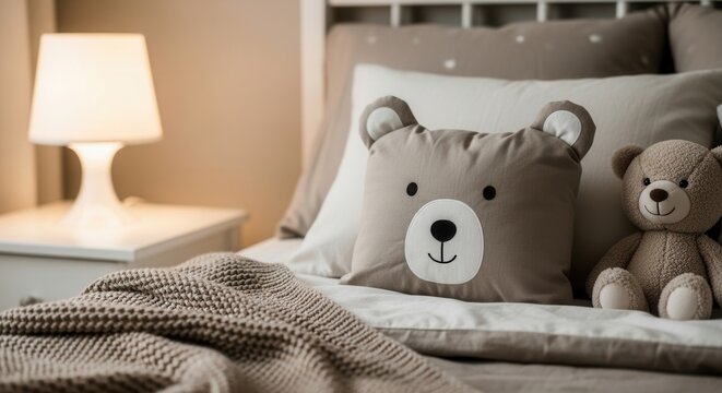 Cozy Children's Bedroom With Teddy Bear Pillow And Lamp On Bedside Table