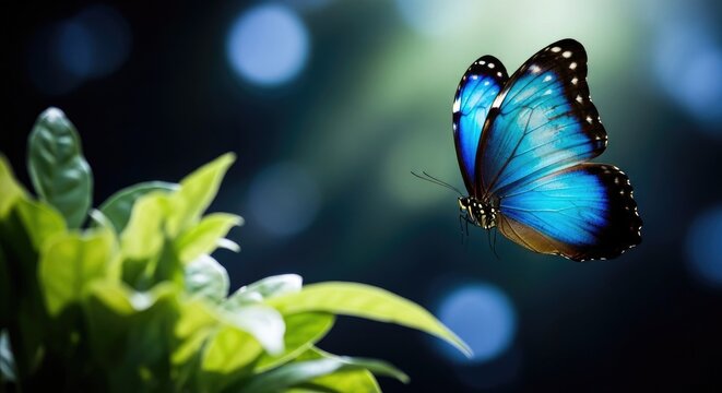 Vibrant blue morpho butterfly flying gracefully over lush green leaves in a dark enchanted forest