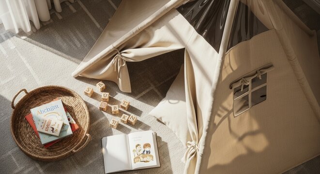 Cozy Children's Indoor Tent With Books And Alphabet Blocks For Playtime