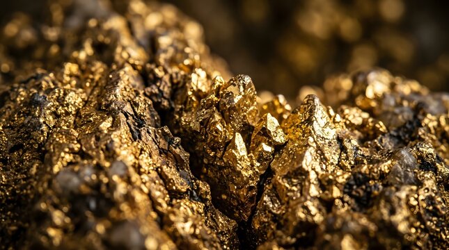 Macro close up of raw gold ore revealing sparkling precious metal and mineral rock formations