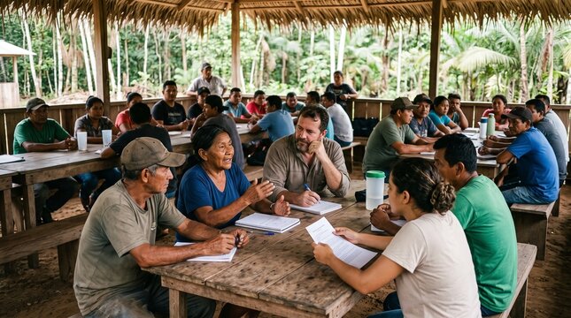 Brazilian a&ccedil;a&iacute; production chain Brazilian Amazon indigenous community meeting discussing a&ccedil;a&iacute; berry sustainable harvesting and supply chain management