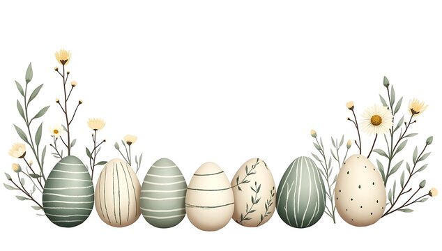 Beautiful decorative easter eggs with hand drawn spring flowers and leaves border illustration