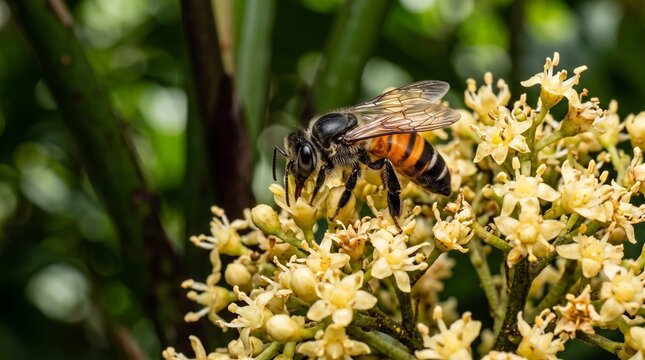 Brazilian a&ccedil;a&iacute; production chain Honey bee Apis mellifera collecting nectar from small yellow flowers in a lush green Amazonian rainforest environment